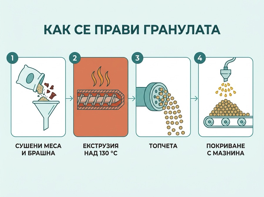 Как се прави гранулата: сушени меса и брашна, екструзия над 130 градуса, топчета, покриване с мазнина